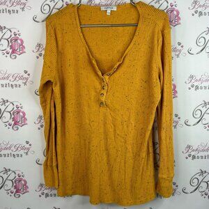In style long sleeve speckled dotted orange Mustard Yellow Ribbed Women's Top